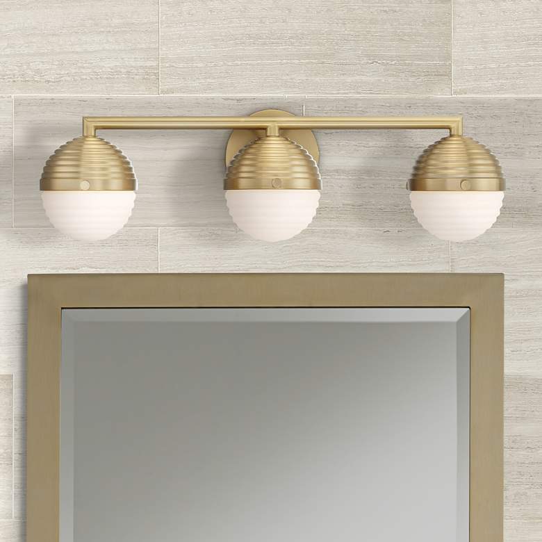 Lensk 24" Wide 3-Light Opal Glass Warm Brass Bath Light