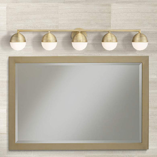 Lensk 42 1/2" Wide Warm Brass Opal Glass 5-Light Bath Light