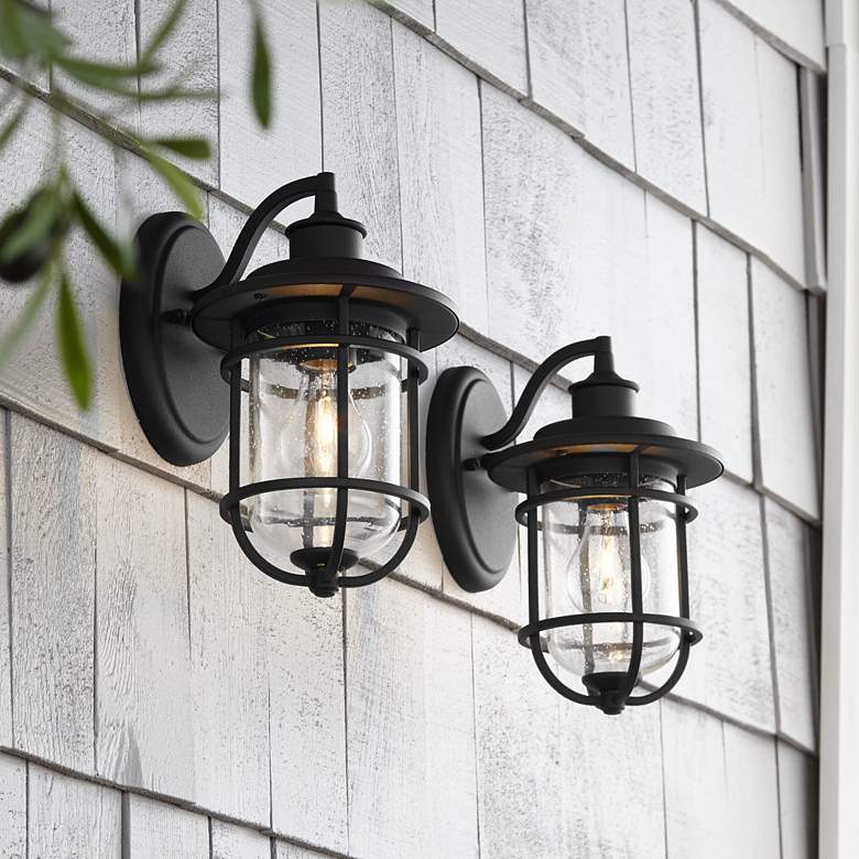 Markham 10 1/2" Textured Black Outdoor Coastal Wall Lights Set of 2