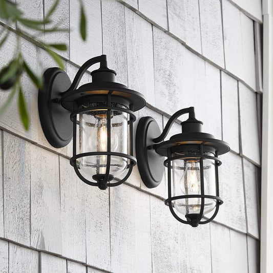 Markham 10 1/2" Textured Black Outdoor Coastal Wall Lights Set of 2