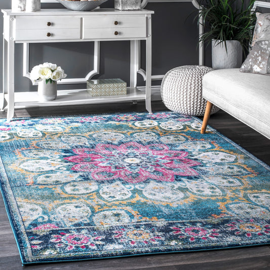 Floral Vintage Turquoise Blue Pink Area Rugs