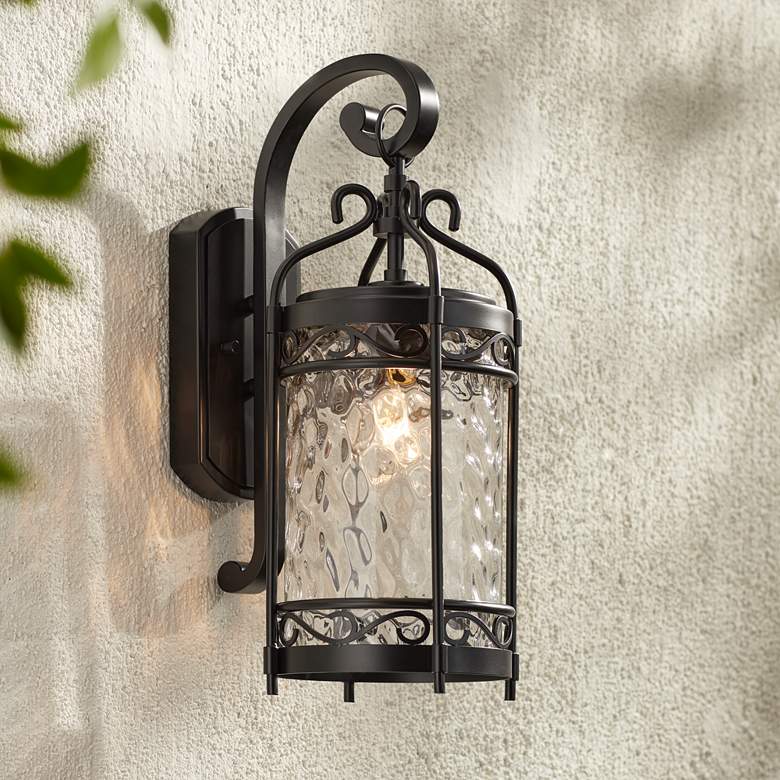 Paseo 19" High Hammered Glass Matte Black Outdoor Wall Light