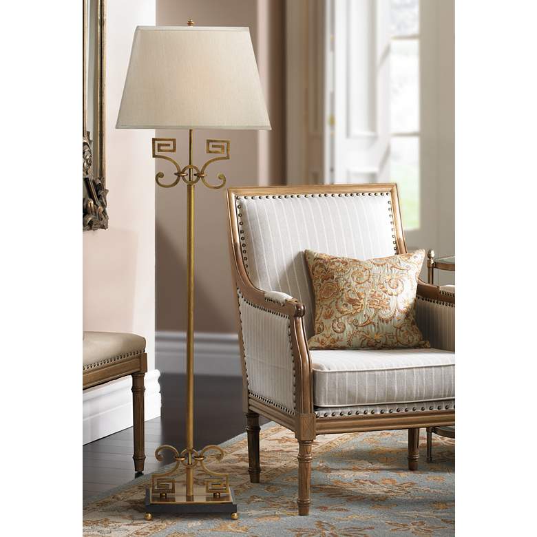 Port 68 Whitney Aged Brass Greek Key Metal Stem Floor Lamp