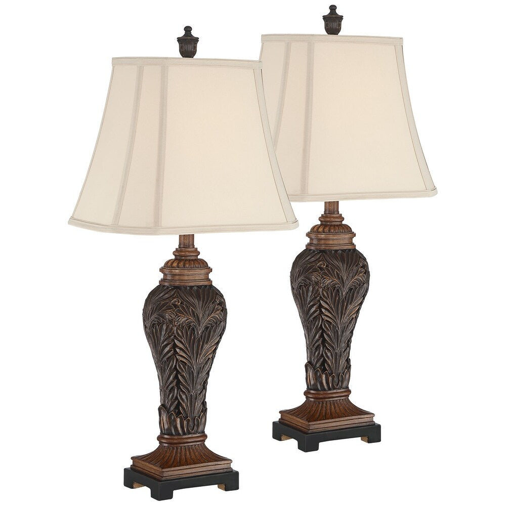 raditional Table Lamps 29.25" Tall Set of 2 Leafwork Bronze Vase Light Tan Cut Corner Rectangular Shade