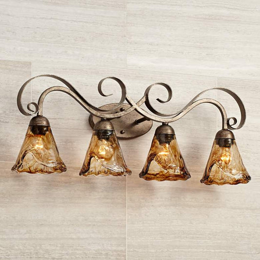 Amber Scroll 29 1/2" Wide Art Glass and Bronze Bath Light